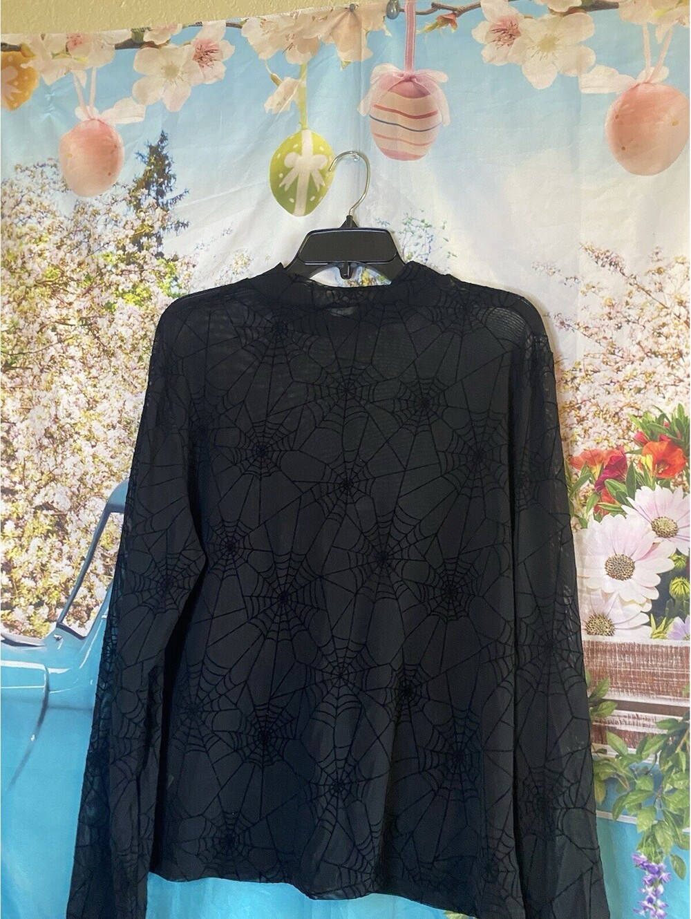 Black Sheer Lace Mesh Top Womens Medium Long Sleeve Mock Neck Fairy Grunge Goth